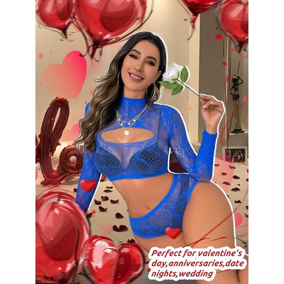 Women's Blue Lingerie Imported Front Open Bodysuit Sexy Nightwear Pajamas Set - Picture 5 of 6